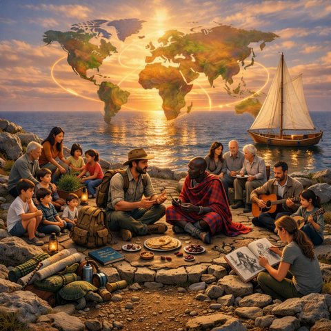 Cover art for Before Your Light Fades: people from many cultures gathered by the sea beneath a glowing world map