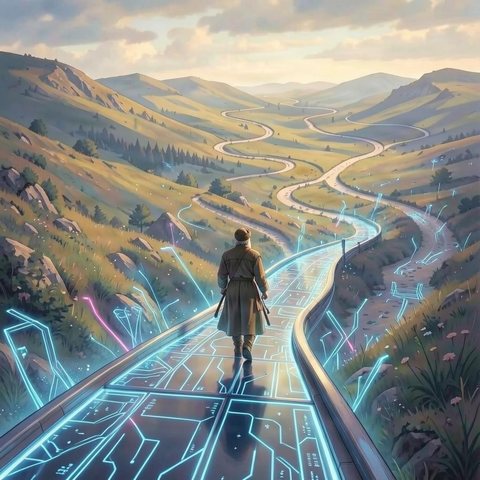 Cover art for Finding Life’s Path: a walker on a glowing circuit-board road winding through hills