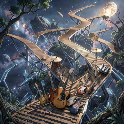 Cover art for the instrumental of Finding Life’s Path: guitars and drums on a wooden bridge through space