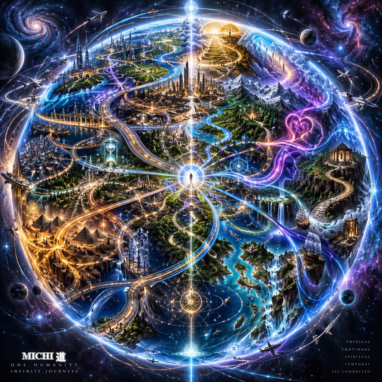 MICHI 道 artwork: a glowing globe of cities, roads and landscapes joined by paths of light, under the words One Humanity, Infinite Journeys