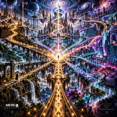 MICHI 道 Converge artwork: roads of light meeting at a glowing sphere