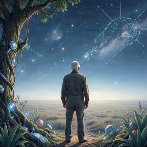 Cover art for One Voice Into The Unknown: a man looking up at a starry sky beside a tree wired with glowing devices