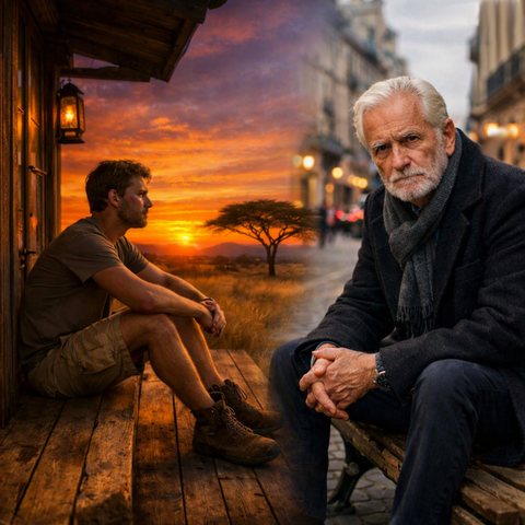 Cover art for Too Many Lost Sunsets: a young man at sunset on a wooden porch merging into an older man on a city bench